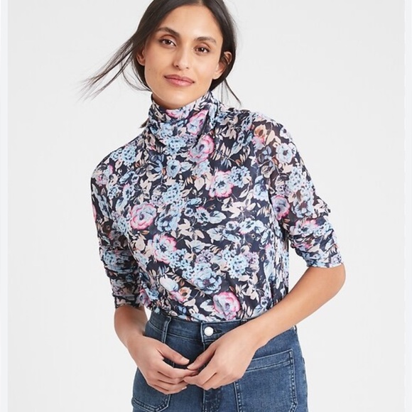 Banana Republic Tops - Banana Republic Blue Floral Mesh Turtleneck Fitted Long Sleeve Blouse Small
